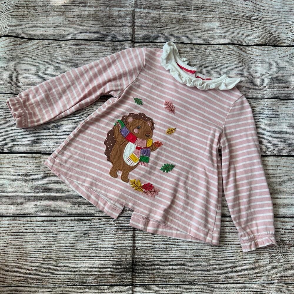 Baby Boden Hedgehog Appliqué Ruffle Collar Long Sleeve Striped Shirt (9-12M)